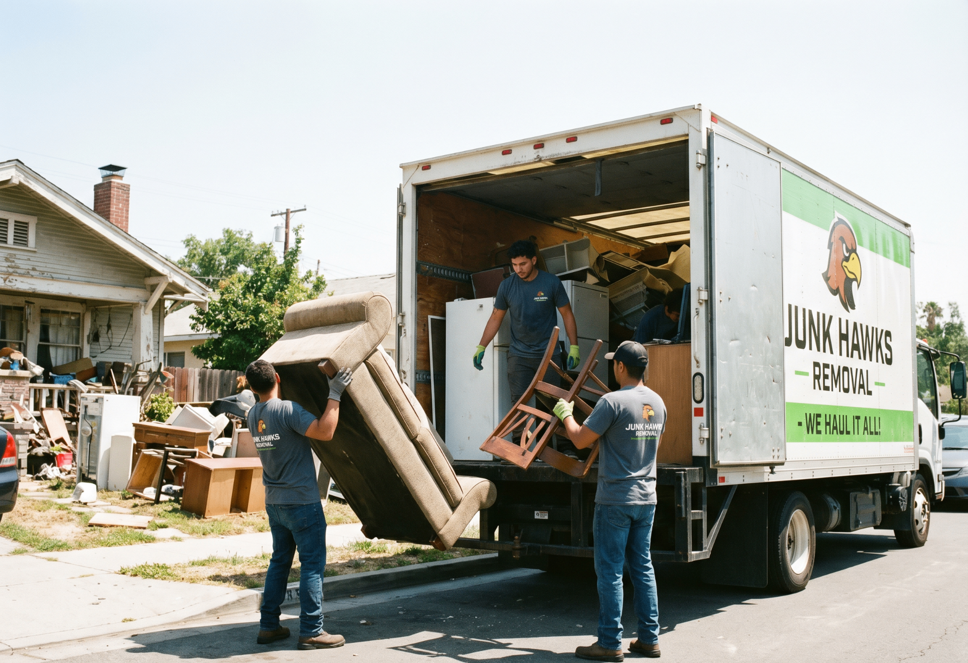 Junk removal team loading furniture into a truck